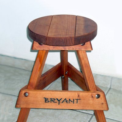 Backless Wood Bar Stool (Options: 24" H, Mature Redwood, Round 15" Diameter Seat, 3 Legs, Engraving with Custom finish - Transparent Premium Sealant for legs, Coffee Stain for Seat).