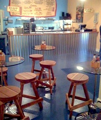 Backless Wood Bar Stool (Options: 19", 24", 29" and 36" H, California Redwood, Round 15" Diameter Seat, 3 Legs, No Engraving, Transparent Premium Sealant). Photo Courtesy of Bebop Burrito of Warren, Rhode Island.