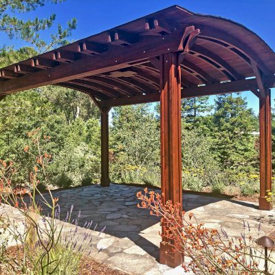 Backyard Pavilion Kits (Options: 20' x 14', California Redwood, No Electrical Wiring Trim, 4-Post Anchor Kit for High-Wind, 1 Ceiling Fan Base, No Privacy Panels, No Curtain Rods, 9.5 ft Post Height, Coffee-Stain Premium Sealant). Photo Courtesy of G. Fanton of Portola Valley , California.