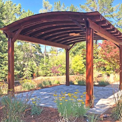 Backyard Pavilion Kits (Options: 20' x 14', California Redwood, No Electrical Wiring Trim, 4-Post Anchor Kit for High-Wind, 1 Ceiling Fan Base, No Privacy Panels, No Curtain Rods, 9.5 ft Post Height, Coffee-Stain Premium Sealant). Photo Courtesy of G. Fanton of Portola Valley , California.