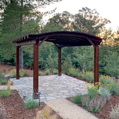 Backyard Pavilion Kits (Options: 20' x 14', California Redwood, No Electrical Wiring Trim, 4-Post Anchor Kit for High-Wind, 1 Ceiling Fan Base, No Privacy Panels, No Curtain Rods, 9.5 ft Post Height, Coffee-Stain Premium Sealant). Photo Courtesy of G. Fanton of Portola Valley , California.