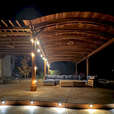 Custom Backyard Pavilion Kits with a Garden Pergola(Options: 26' L x 17' Arc W [Garden Pergola is 14' L x 14' W], California Redwood, 8-Post Anchor Kit for Concrete, With 3 Ceiling Fan Bases, No Privacy Panels, No Curtain Rods, 10 ft Post Height, Transparent Premium Sealant). Photo Courtesy of J. Huntoon of Placer County, CA.