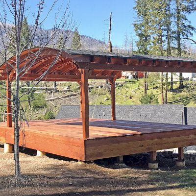 Backyard Pavilion Kits (Options: 20' L x 20' Arc W, California Redwood, 6-Post Anchor Kit for Concrete, No Ceiling Fan Base, No Privacy Panels, No Curtain Rods, 9 ft Post Height, Transparent Premium Sealant) with 10' x 20' Garden Pergola Attached and Custom Deck. Photo Courtesy J. Yurkevich of Middletown, CA.