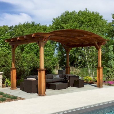 Backyard Pavilion Kits (Options: 16'-6" x 12'-6", California Redwood, 1 Electrical Wiring Trim Kit, 4-Post Anchor Kit for Concrete, No Ceiling Fan Base, No Privacy Panels, No Curtain Rods, 9.5 ft Post Height with Custom Bottom Trims, Transparent Premium Sealant). Photo Courtesy of A. Metzger of Lake Elmo, Minnesota.