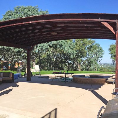 Backyard Pavilion Kits (Options: 16' L x 22' Arc W, California Redwood, 2 Post Electrical Wiring Trim, 4-Post Anchor Kit for Concrete, Add Ceiling Fan Base, No Privacy Panels, No Curtain Rods, 9 ft Post Height, 8 x 8 Posts and 2 x 10 Supports by Custom Request, Coffee-Stain Premium Sealant).