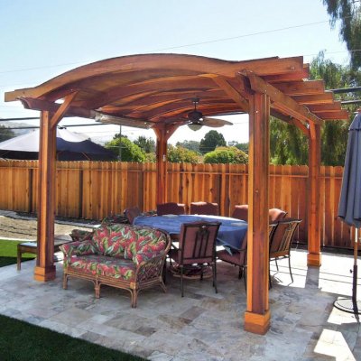 Backyard Pavilion Kits (Options: 14' L x 16' Arc W, California Redwood, 2 Post Electrical Wiring Trim, 4-Post Anchor Kit for Stone, Add Ceiling Fan Base, No Privacy Panels, No Curtain Rods, 9 ft Post Height, Transparent Premium Sealant).