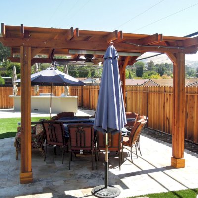Backyard Pavilion Kits (Options: 14' L x 16' Arc W, California Redwood, 2 Post Electrical Wiring Trim, 4-Post Anchor Kit for Stone, Add Ceiling Fan Base, No Privacy Panels, No Curtain Rods, 9 ft Post Height, Transparent Premium Sealant).