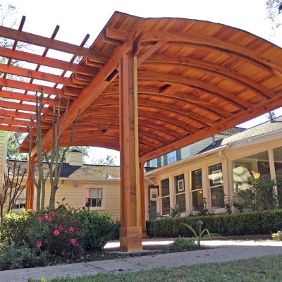 Custom Backyard Pavilion Kits with a Garden Pergola(Options: 24' L x 16' Arc W [Garden Pergola is 10' L x 15' W], California Redwood, 2 Post Electrical Wiring Trim, 6-Post Anchor Kit for High-Wind, With 2 Ceiling Fan Bases, No Privacy Panels, No Curtain Rods, 10 ft Post Height, Transparent Premium Sealant). Photo Courtesy of Jeff A. of San Ramon, CA.