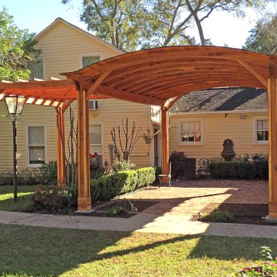 Custom Backyard Pavilion Kits with a Garden Pergola(Options: 24' L x 16' Arc W [Garden Pergola is 10' L x 15' W], California Redwood, 2 Post Electrical Wiring Trim, 6-Post Anchor Kit for High-Wind, With 2 Ceiling Fan Bases, No Privacy Panels, No Curtain Rods, 10 ft Post Height, Transparent Premium Sealant). Photo Courtesy of Jeff A. of San Ramon, CA.