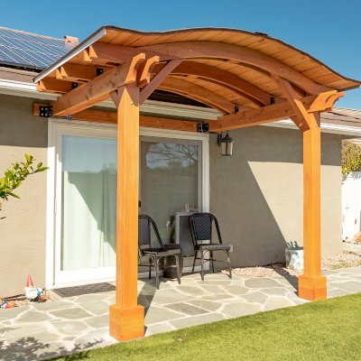 Backyard Porch Pavilion (Options: 8 'L x 10' W, Douglas-fir, 2-Post Anchor Kit for Concrete, No Electrical Wiring Trim, 8 ft Post Height, No Ceiling Fan Base, No Curtain Rods, No Privacy Panels, Transparent Premium Sealant). Photo Courtesy J. Clark of San Diego, CA.