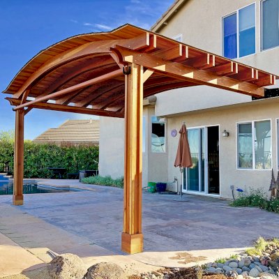 Backyard Porch Pavilion (Options: 14' L x 22' Arc W, California Redwood, 1 Post Electrical Wiring Trim, 2-Post Anchor Kit for Concrete, With 2 Ceiling Fan Bases, No Privacy Panels, 2 Curtain Rods, 9.5 ft Post Height, Transparent Premium Sealant).