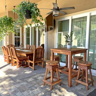 Baja Outdoor Redwood Dining Table (Options: 10 ft L, 42 inches W, Chairs, Mosaic Redwood, 8 Chairs, Luna, Side Chairs Only, No Cushion, Standard Tabletop, Rounded Corners, No Umbrella Hole, Transparent Premium Sealant). Photo Also Shows a 3' x 3' Custom Terrace Wood Cocktail Table Set. Photo Courtesy of S. Boen of Palm Harbor, FL.