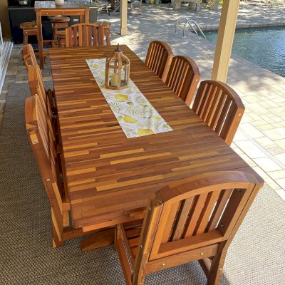 Baja Outdoor Redwood Dining Table (Options: 10 ft L, 42 inches W, Chairs, Mosaic Redwood, 8 Chairs, Luna, Side Chairs Only, No Cushion, Standard Tabletop, Rounded Corners, No Umbrella Hole, Transparent Premium Sealant). Photo Also Shows a 3' x 3' Custom Terrace Wood Cocktail Table Set. Photo Courtesy of S. Boen of Palm Harbor, FL.