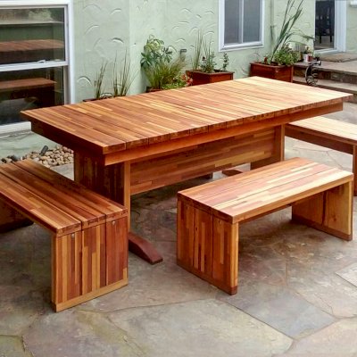 Baja Outdoor Redwood Dining Table (Options: 7 ft L, 36 inches W, Side & End Benches, 2 Half Benches Per Side, Maynard Benches per Custom Request, Mosaic Redwood, Standard Tabletop, Squared Corners, No Umbrella Hole, Transparent Premium Sealant). Photo Courtesy of K. Haitz of San Francisco, CA.