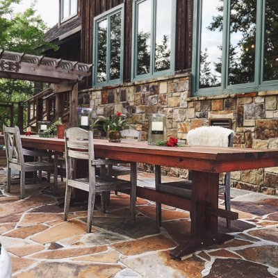 Custom Baja Outdoor Redwood Dining Table (Options: 15 ft L, 36 inches W, No Seating, Mature Redwood, No Seamless, Lengthwise Tabletop Boards and Custom Bottom Support by Customer Request, Squared Corners, No Umbrella Hole, Transparent Premium Sealant). Photo Courtesy of Alisa Bigham of Trion, Georgia. 