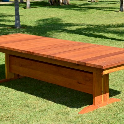 Baja Outdoor Redwood Dining Table (Options: 10 ft L, 42 inches W top, No Seating, California Redwood, Standard Tabletop, Slightly Rounded Corners, No Umbrella Hole, Transparent Premium Sealant).