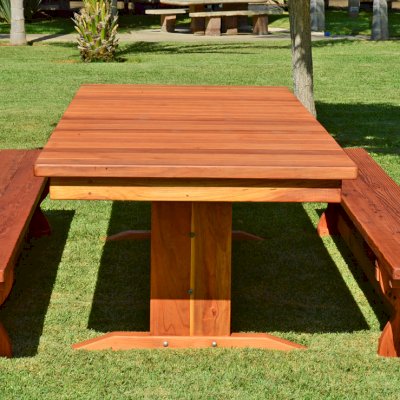Baja Outdoor Redwood Dining Table (Options: 10 ft L, 42inches W top, Side Benches, California Redwood, Trestle Bench, 1 Full Length Benche Per Side, Standard Tabletop, Slightly Rounded Corners, No Umbrella Hole, Transparent Premium Sealant).
