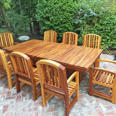 Baja Outdoor Redwood Dining Table (Options: 8 ft L, 48 inches W, Chairs, Mosaic Redwood, 8 Chairs, Luna, Side Chairs Only, No Cushion, Standard Tabletop, Squared Corners, No Umbrella Hole, Transparent Premium Sealant). Photo Courtesy of C. Barty of Irvine, CA.