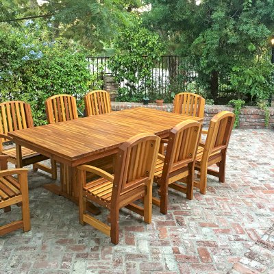 Baja Outdoor Redwood Dining Table (Options: 8 ft L, 48 inches W, Chairs, Mosaic Redwood, 8 Chairs, Luna, Side Chairs Only, No Cushion, Standard Tabletop, Squared Corners, No Umbrella Hole, Transparent Premium Sealant). Photo Courtesy of C. Barty of Irvine, CA.