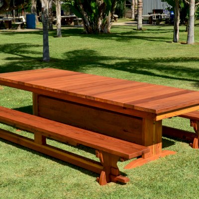 Baja Outdoor Redwood Dining Table (Options: 10 ft L, 42inches W top, Side Benches, California Redwood, Trestle Bench, 1 Full Length Benche Per Side, Standard Tabletop, Slightly Rounded Corners, No Umbrella Hole, Transparent Premium Sealant).