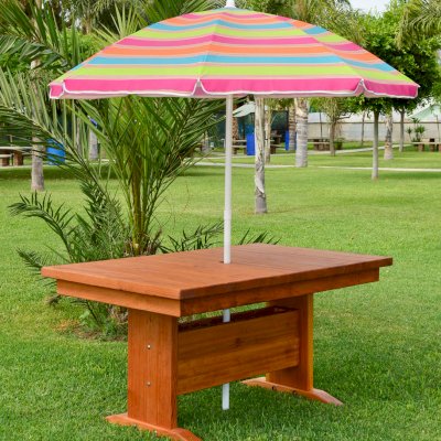 Baja Outdoor Redwood Dining Table (Options: 5 ft L, 48 inches W top, No Seating, California Redwood, Standard Tabletop, Squared Corners, Umbrella Hole, Transparent Premium Sealant).