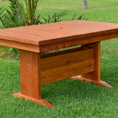 Baja Outdoor Redwood Dining Table (Options: 5 ft L, 48 inches W top, No Seating, California Redwood, Standard Tabletop, Squared Corners, Umbrella Hole, Transparent Premium Sealant).