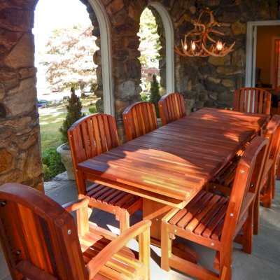 Baja Outdoor Redwood Dining Table (Options: 8 ft L, 42 inches W, Chairs, Mosaic Redwood, 8 Chairs, Luna, 2 Armchairs & Side chairs, No Cushion, Standard Tabletop, Squared Corners, No Umbrella Hole, Transparent Premium Sealant). Photo Courtesy of Tommy B. of Ossining, NY.