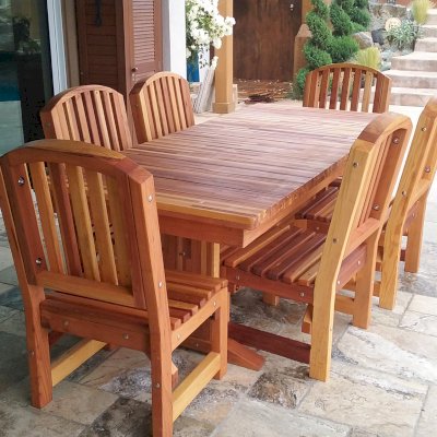 Baja Outdoor Redwood Dining Table (Options: 7 ft L, 36 inches W, Chairs, Mosaic Redwood, 6 Chairs, Luna, Side Chairs Only, No Cushion, Standard Tabletop, Squared Corners, No Umbrella Hole, Transparent Premium Sealant). Photo Courtesy of G. Shepard of San Marcos, CA.