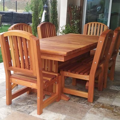 Baja Outdoor Redwood Dining Table (Options: 7 ft L, 36 inches W, Chairs, Mosaic Redwood, 6 Chairs, Luna, Side Chairs Only, No Cushion, Standard Tabletop, Squared Corners, No Umbrella Hole, Transparent Premium Sealant). Photo Courtesy of G. Shepard of San Marcos, CA.