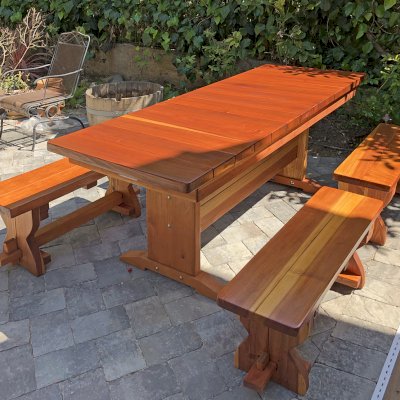 Baja Outdoor Redwood Dining Table (Options: 6 ft L, 30 inches W, Side Benches, 2 Half Benches Per Side, California Redwood, Standard Tabletop, Squared Corners, 2" Umbrella Hole, Transparent Premium Sealant). Photo Courtesy of H. Schiraldi of San Francisco, CA.