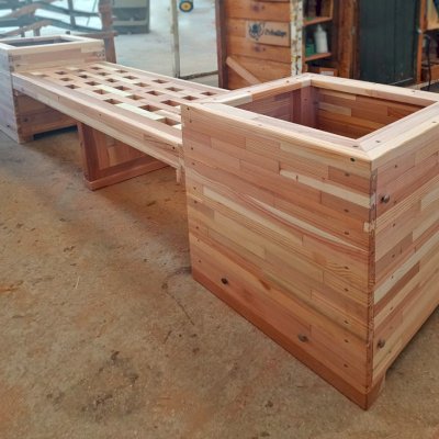 Bench and Planters Combo in Production (Options: 4 ft  Bench Lenght, 20" L x 20" D x 24" H Planter Size, Mosaic Redwood, Lighthouse Bench Style, Lighthouse Bench Style).