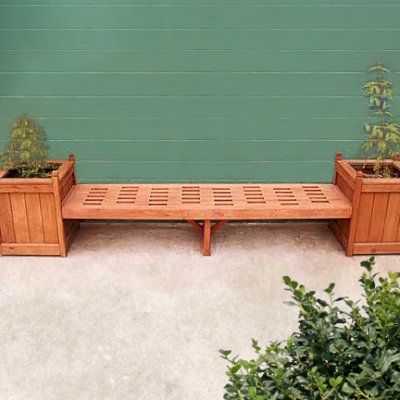 Bench and Planters Combo (Options: 7 ft Bench Length, 24" L x 24" D x 24" H Planter Size, Douglas-fir, Lighthouse Bench Style, 14 inches Bench Height, 17 3/4 inches Bench Width, No Engraving, Mendocino Planter Style, With Feet, No Growing Vegetables, Transparent Premium Sealant).