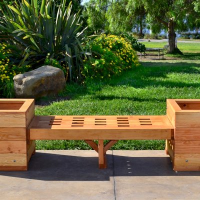 Bench and Planters Combo (Options: 4 ft Bench Length, 20" L x 20" D x 20" H Planter Size, Douglas-fir, Lighthouse Bench Style, 14 inches Bench Heigth, 17 3/4 inches Bench Width, No Engraving, Mendocino, With Feet, No Growing Vegetables, Transparent Premium Sealant). 