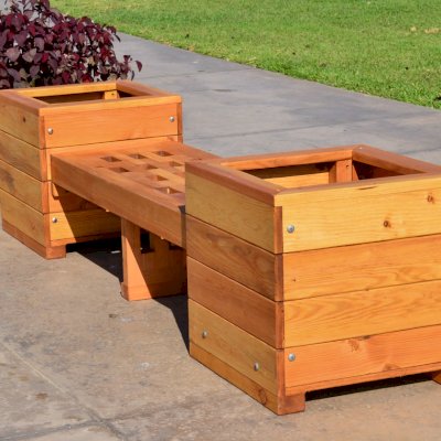 Bench and Planters Combo (Options: 4 ft Bench Length, 20" L x 20" D x 20" H Planter Size, Douglas-fir, Lighthouse Bench Style, 14 inches Bench Heigth, 17 3/4 inches Bench Width, No Engraving, Mendocino, With Feet, No Growing Vegetables, Transparent Premium Sealant). 