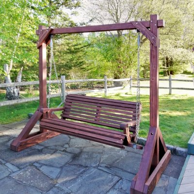 Bench Swing Sets (Options: Large Bench, No Swing Roof, California Redwood, Ensenada Style Seat, No Engraving, Coffee-Stain Premium Sealant). Photo Courtesy of J. Treisman of Mahopac, New York.