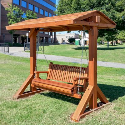 Bench Swing Sets (Options: Large Bench, With Swing Roof, Mature Redwood, Classic Style Seat, No Engraving, Transparent Premium Sealant). Photo Courtesy of Mark K. of Hampton, Virginia. 