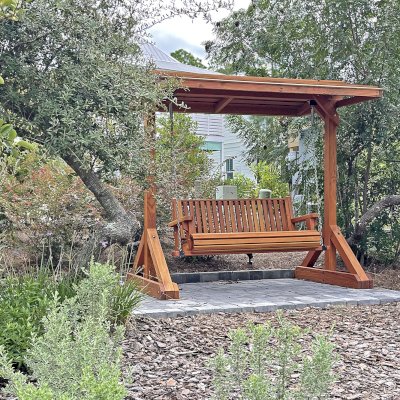 Bench Swing Sets (Options: Large Bench, Swing Roof, Douglas-fir, Classic Style Seat, No Engraving, Transparent Premium Sealant). Swing Set Installed in The Lakeside at Blue Mountain HOA community Park. Photo Courtesy of E. Garcia of Santa Rosa Beach, FL.