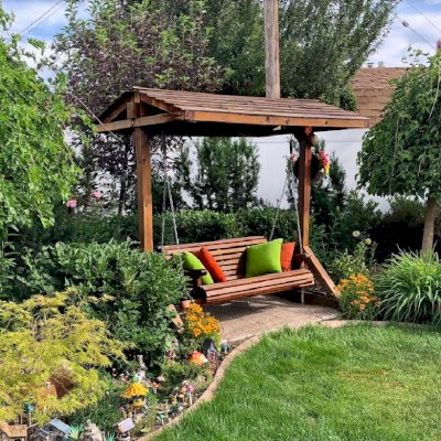 Bench Swing Sets (Options: Large Bench, Include Swing Roof, Old-Growth Redwood, Ensenada Style Seat, No Engraving, Transparent Premium Sealant). Photo Courtesy of Ann Harrington of Salt Lake City, Utah.