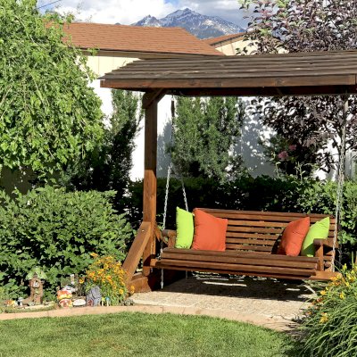 Bench Swing Sets (Options: Large Bench, Include Swing Roof, Old-Growth Redwood, Ensenada Style Seat, No Engraving, Transparent Premium Sealant). Photo Courtesy of Ann Harrington of Salt Lake City, Utah.