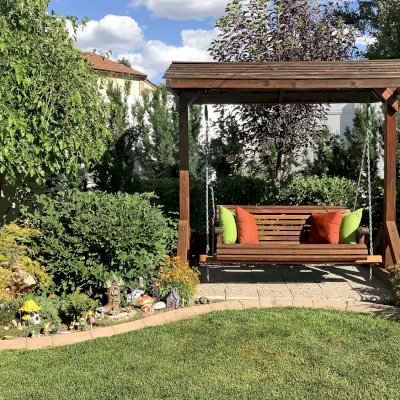 Bench Swing Sets (Options: Large Bench, Include Swing Roof, Old-Growth Redwood, Ensenada Style Seat, No Engraving, Transparent Premium Sealant). Photo Courtesy of Ann Harrington of Salt Lake City, Utah.