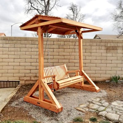 Bench Swing Sets (Options: Standard Bench, Swing Roof, Douglas-fir, Classic Design Seat, No Engraving, Transparent Premium Sealant). Photo Courtesy of D. Jeffries of Riverside, CA.