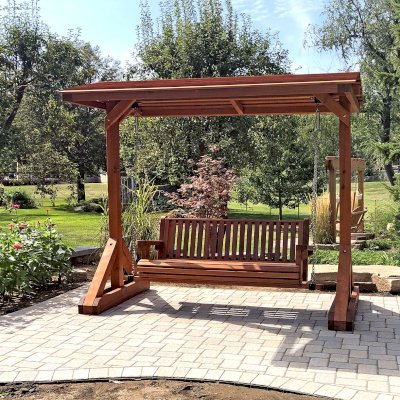 Bench Swing Sets (Options: Large Bench, Swing Roof, Mature Redwood, Classic Style Seat, No Engraving, Transparent Premium Sealant). Photo Courtesy of R. Sompel of Johnsburg, Illinois.