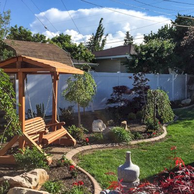 Bench Swing Sets (Options: Large Bench, Include Swing Roof, Old-Growth Redwood, Ensenada Style Seat, No Engraving, Transparent Premium Sealant). Photo Courtesy of Ann Harrington of Salt Lake City, Utah.