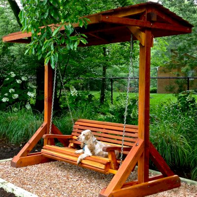 Bench Swing Sets (Options: Large Bench, Include Swing Roof, Mature Redwood, Ensenada Style Seat, No Engraving, Transparent Premium Sealant). Photo courtesy of The Krifcher Family and Jojo, Potomac, MD.