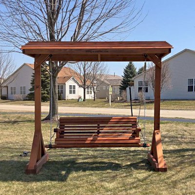 Bench Swing Sets (Options: Large Bench, Include Swing Roof, Mature Redwood, Ensenada Style Seat, Custom Engraving, Transparent Premium Sealant). Photo Courtesy of B. Kaky of Crest Hill, IL.