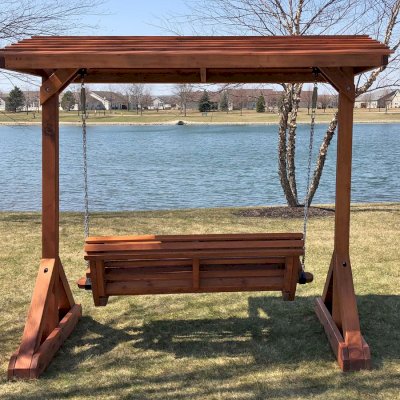 Bench Swing Sets (Options: Large Bench, Include Swing Roof, Mature Redwood, Ensenada Style Seat, Custom Engraving, Transparent Premium Sealant). Photo Courtesy of B. Kaky of Crest Hill, IL.