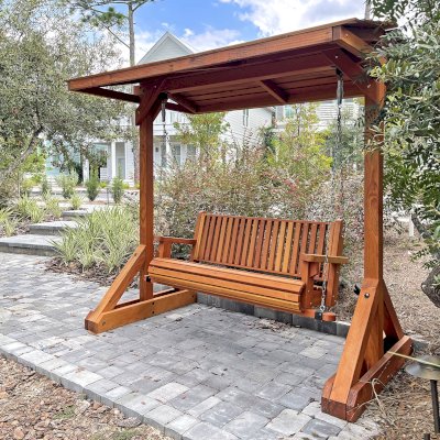 Bench Swing Sets (Options: Large Bench, Swing Roof, Douglas-fir, Classic Style Seat, No Engraving, Transparent Premium Sealant). Swing Set Installed in The Lakeside at Blue Mountain HOA community Park. Photo Courtesy of E. Garcia of Santa Rosa Beach, FL.