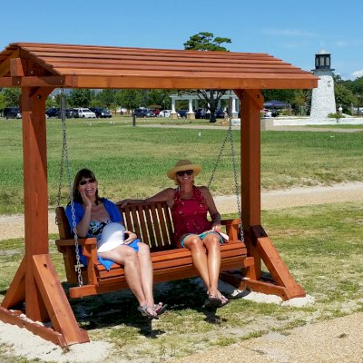 Bench Swing Sets (Options: Large Bench, With Swing Roof, Mature Redwood, Classic Style Seat, No Engraving, Transparent Premium Sealant). Photo Courtesy of Mark K. of Hampton, Virginia. 
