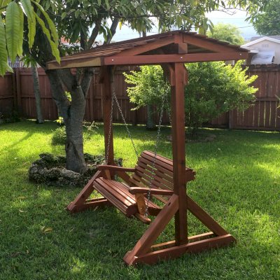 Bench Swing Sets (Options: Standard Bench, Include Swing Roof, California Redwood, Ensenada Style Seat, No Engraving, Transparent Premium Sealant).  Photo Courtesy of Ms. Norma Figueiras of Miami, FL.