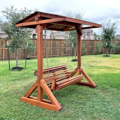 Bench Swing Set (Options: Large Bench, Include Swing Roof, California Redwood, Ensenada Style Seat, No Engraving, Transparent Premium Sealant).